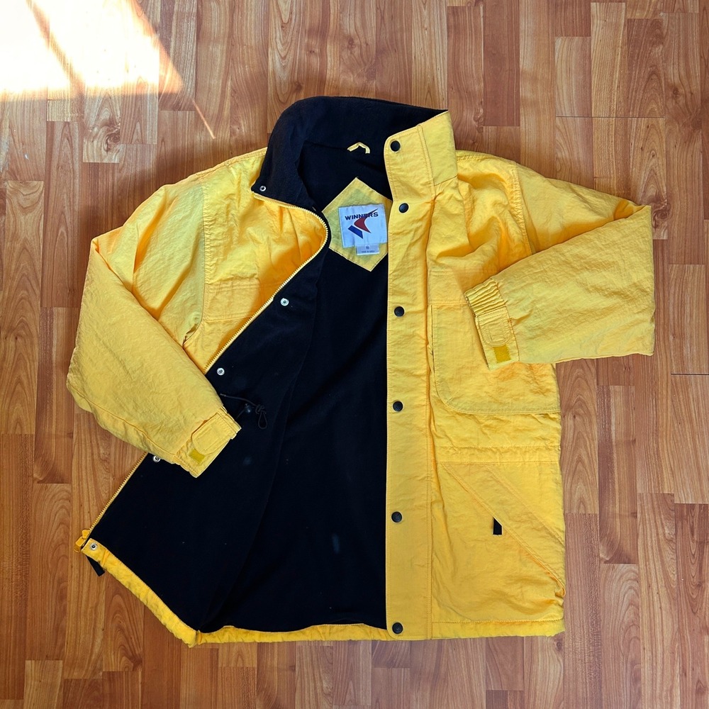 VTG Winners Nylon Fleece Ski Jacket M Yellow Black Y2K 90s Technical Coat Hood